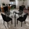 Modern Black Luxury Round Glass Dining Set for 4, 5 Pcs Large Minimalist Circle Kitchen Table Set, 47'' Clear Circular Glass Top Dinner Room Set, Black High-end Tufted Chairs, for Home