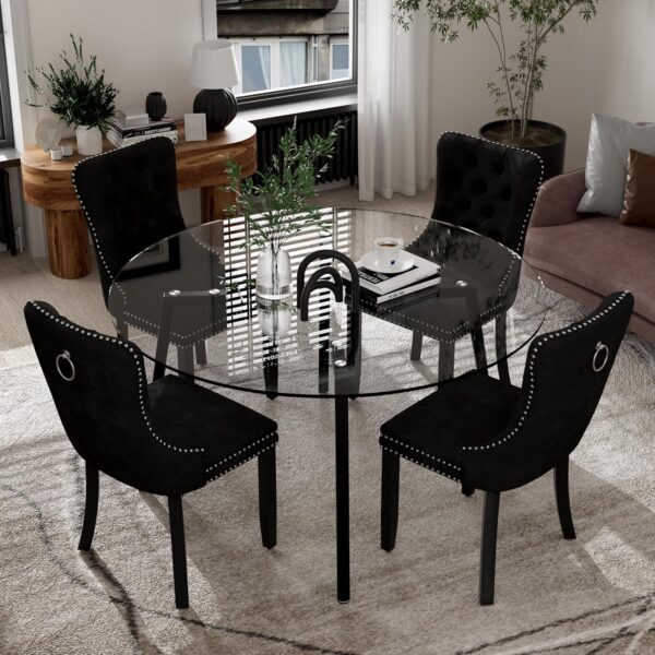 Modern Black Luxury Round Glass Dining Set for 4, 5 Pcs Large Minimalist Circle Kitchen Table Set, 47'' Clear Circular Glass Top Dinner Room Set, Black High-end Tufted Chairs, for Home