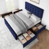 IDEALHOUSE Queen Size Bed Frame with 4 Storage Drawers and Headboard, Velvet Upholstered Platform Bed Frame with Wooden Slats Support, Button Tufted Design, No Box Spring Needed, Blue