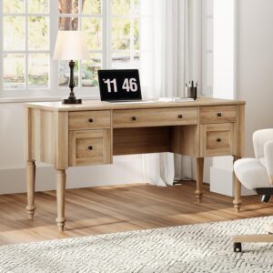 WAMAPT Farmhouse Executive Desk with 5 Drawers, Home Office Desk with Charging Station, Wood Computer Desk with File Cabinet Storage, Door, Open Shelf for Work and Study, Oak, 55 inch