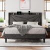 Queen Size Upholstered Bed Frame with Charging Station, Platform Bed Frame with Storage Headboard, Solid Wood Slats Support, No Box Spring Needed, Dark Gray