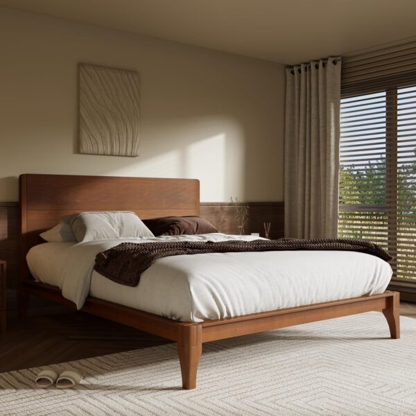 Merax Queen Size Bamboo Platform Bed, Mid-Century Modern Bed Frame with Tall Headboard, Wood Slat Support, No Box Spring Needed, Easy Assembly, Brown