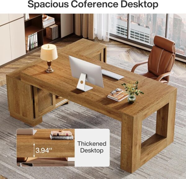 Tribesigns L Shaped Executive Desk with Storage Cabinets and 2-Tier Shelf, 63-Inch Simple Modern Business Furniture Large Computer Writing Table Workstation for Home Office, Brown