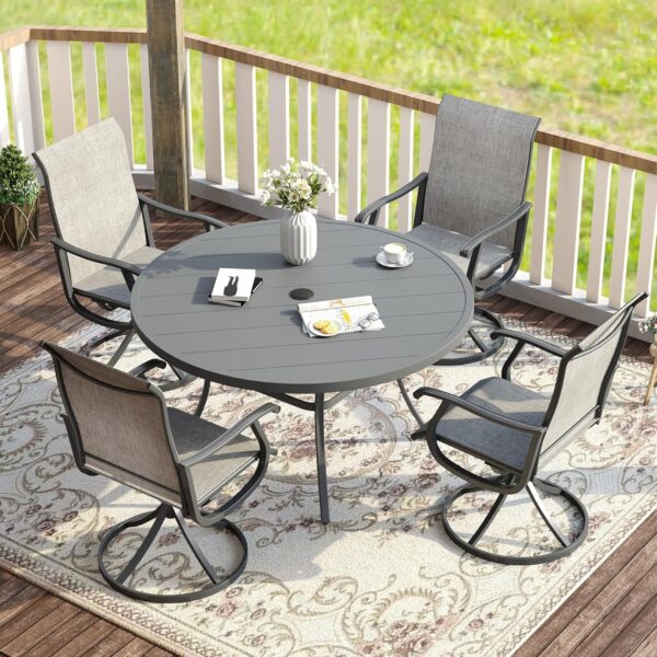 VICLLAX Patio Dining Set for 4, 5 Pieces Outdoor Furniture Includes 40.6" Round Patio Table with Umbrella Hole and 4 Outdoor Swivel Chairs for Lawn Garden, Grey Table and Grey Chairs