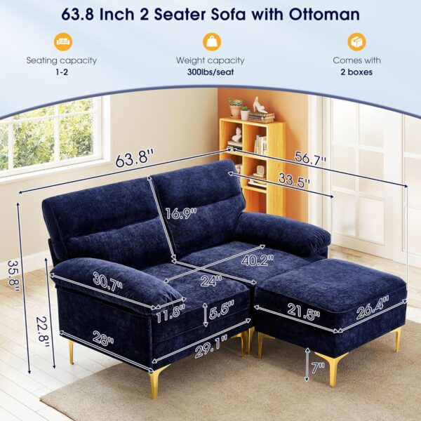 Hanherry 63.8" Sectional Sofa for Living Room, L Shape Couch 2 Seater Loveseat with Ottoman, Modern Chenille Fabric Small Sofa with Ottoman Footstool & Fluffy Armrests for Apartment, Small Space