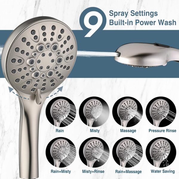 91EXOyt2rOL._AC_SL1500_.jpg BRIGHT SHOWERS High Pressure Shower Head with Handheld, 9 Spray Settings Showerhead Built in Power Wash to Clean Tub and Pets, Extra Long 69" Hose, Adjustable Bracket, Brushed Nickel