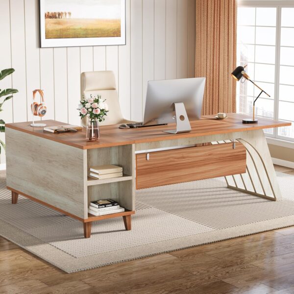 Tribesigns L-Shaped Executive Office Desk, 78.74" Large Computer Desk with Drawer and Lateral File Cabinet, Home Business Workstation Set with Storage Shelves, Walnut & Oak