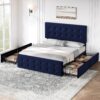 IDEALHOUSE Queen Size Bed Frame with 4 Storage Drawers and Headboard, Velvet Upholstered Platform Bed Frame with Wooden Slats Support, Button Tufted Design, No Box Spring Needed, Blue