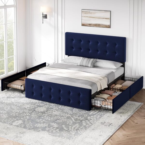 IDEALHOUSE Queen Size Bed Frame with 4 Storage Drawers and Headboard, Velvet Upholstered Platform Bed Frame with Wooden Slats Support, Button Tufted Design, No Box Spring Needed, Blue
