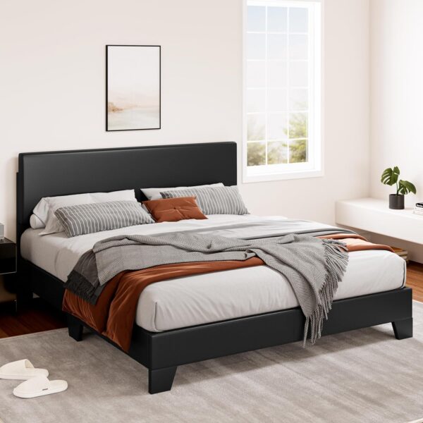 SHA CERLIN Black Queen Platform Upholstered Bed Frame with 3 Level Height-Adjustable headboard, Wood Slats Support, No Box Spring Needed, Easy Assembly, Easy Clean Up