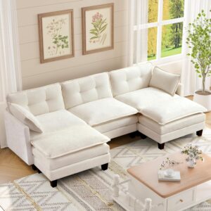 Modular Sectional Sofa, 111.5" U-Shaped Chenille Comfy Sectional Couches for Living Room, 3-Seater Cloud Couches with 2 Movable Ottomans, Flexible Combination Modern Deep Seat Sofa (Beige)
