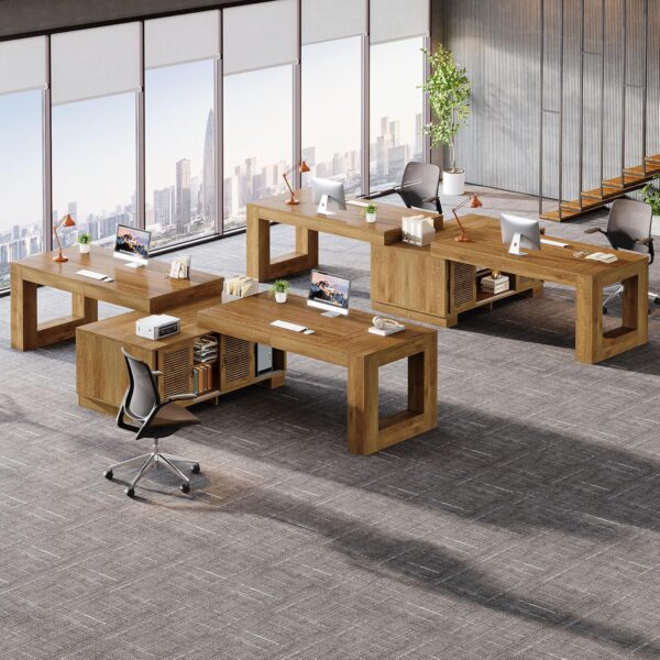 Tribesigns L Shaped Executive Desk with Storage Cabinets and 2-Tier Shelf, 63-Inch Simple Modern Business Furniture Large Computer Writing Table Workstation for Home Office, Brown