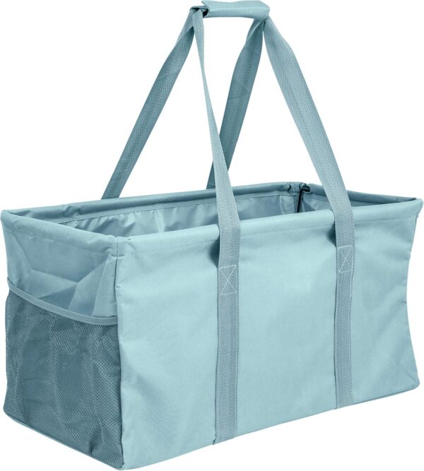 91H52crm4dL._AC_SL1500_.jpg Extra Large Utility Tote Bag - Oversized Collapsible Reusable Wire Frame Rectangular Canvas Basket With Two Exterior Pockets For Beach, Pool, Laundry, Car Trunk, Storage - Light Blue
