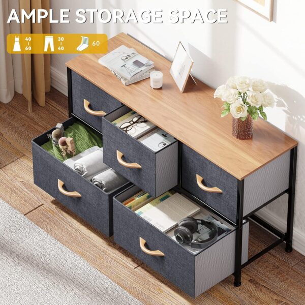 DWVO Dresser TV Stand, Fabric Dresser with 5 Drawers, Dresser for Bedroom, Wide Dresser, Storage Tower, Chest of Drawers for Closet, Living Room, Hallway, Dull Grey