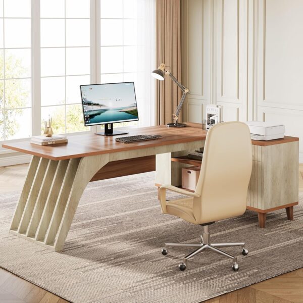Tribesigns L-Shaped Executive Office Desk, 78.74" Large Computer Desk with Drawer and Lateral File Cabinet, Home Business Workstation Set with Storage Shelves, Walnut & Oak