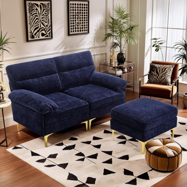 Hanherry 63.8" Sectional Sofa for Living Room, L Shape Couch 2 Seater Loveseat with Ottoman, Modern Chenille Fabric Small Sofa with Ottoman Footstool & Fluffy Armrests for Apartment, Small Space