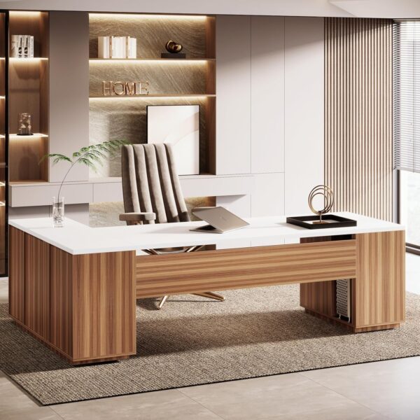 Tribesigns 85.8-Inch L-Shaped Executive Office Desk with File Drawers & Storage Cabinet, Professional Corner Computer Desk Extra Large Business Workstation with Adjustable Shelves (White&Walnut)