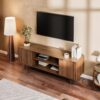 59" Modern TV Stand with Storage Cabinet, Wood Fashionable TV Cabinet with Waveform Panel and Adjustable Shelf, Entertainment Center TV Stand for 69'' TV, Living Room Furniture, Dark Walnut