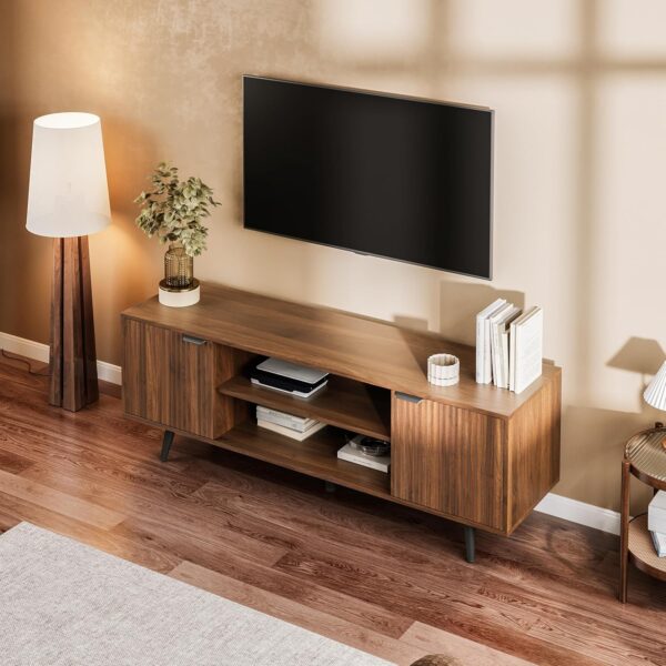 59" Modern TV Stand with Storage Cabinet, Wood Fashionable TV Cabinet with Waveform Panel and Adjustable Shelf, Entertainment Center TV Stand for 69'' TV, Living Room Furniture, Dark Walnut