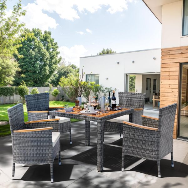 91KvyJYv10L._AC_SL1500_.jpg Shintenchi 5 Piece Patio Dining Set, Wicker Patio Conversation Set with Wooden Table Top, Outdoor Table and Chairs with Soft Cushions for Backyard, Deck and Garden, Grey Wicker
