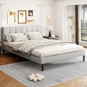 Queen Size Bed Frame, Platform Beds with Upholstered Headboard, Mattress Foundation with Wooden Slats Support, Easy Assembly, Noise Free, No Box Spring Needed, Light Grey