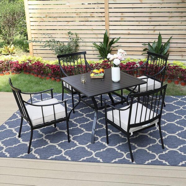 MFSTUDIO 5 Pieces Metal Patio Dining Set, Outdoor Furniture Set with 1 x Square Metal Table and 4 x High-Back Arm Chairs with Cushion (Black)