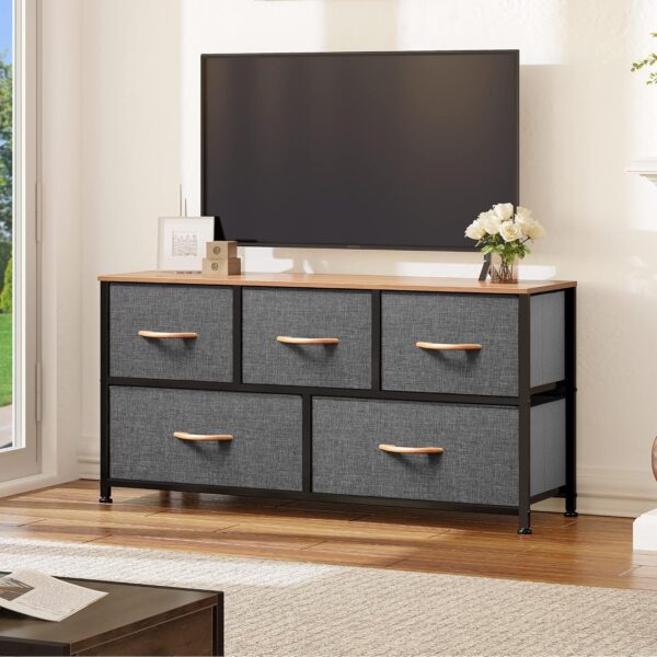 DWVO Dresser TV Stand, Fabric Dresser with 5 Drawers, Dresser for Bedroom, Wide Dresser, Storage Tower, Chest of Drawers for Closet, Living Room, Hallway, Dull Grey