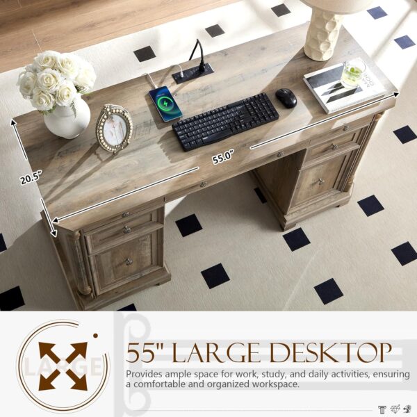 Yechen 55'' Wood Executive Desk with 7 Drawers - Farmhouse Home Office Desks with Power Outlet, Wooden Computer Desk with Roman Columns, Rustic Writing Table for Work & Study, Weathered Reclaimed Oak