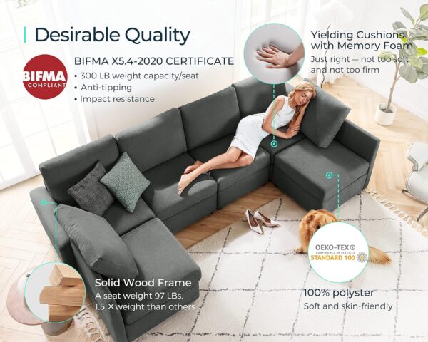 LINSY HOME Modular Sofa, Sectional Couch U Shaped Sofa with Storage, Memory Foam, 6 Seat Sectionals Chaise for Living Room, Dark Grey