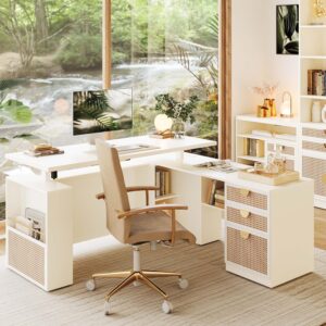 63" Standing Desk with File Cabinet, Privacy Panel, AC/USB, 1.18" Desktop, Executive L Shaped Height Adjustable Desk, Electric Stand Up Table with 3 Drawers, White Rattan