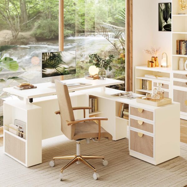 63" Standing Desk with File Cabinet, Privacy Panel, AC/USB, 1.18" Desktop, Executive L Shaped Height Adjustable Desk, Electric Stand Up Table with 3 Drawers, White Rattan