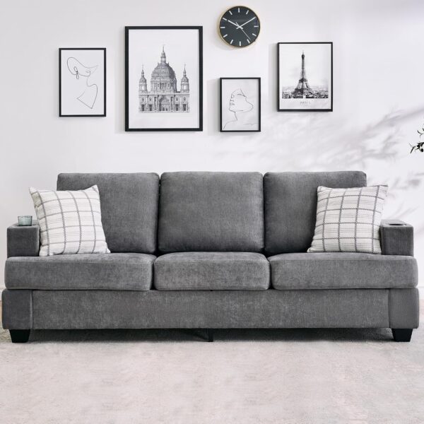 89-Inch Comfy Couches with Deep Seat, Modern 3-Seater Sofa with Cup Holders and Side Storage Pockets for Living Room Apartment Lounge, Grey
