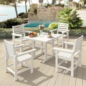 Patio Table and Chairs Set 5 Pieces, HDPE Weather Resistant Outdoor Dining Set, Square Outdoor Dining Table with 4 Patio Chairs, Patio Dining Set for Balcony, White