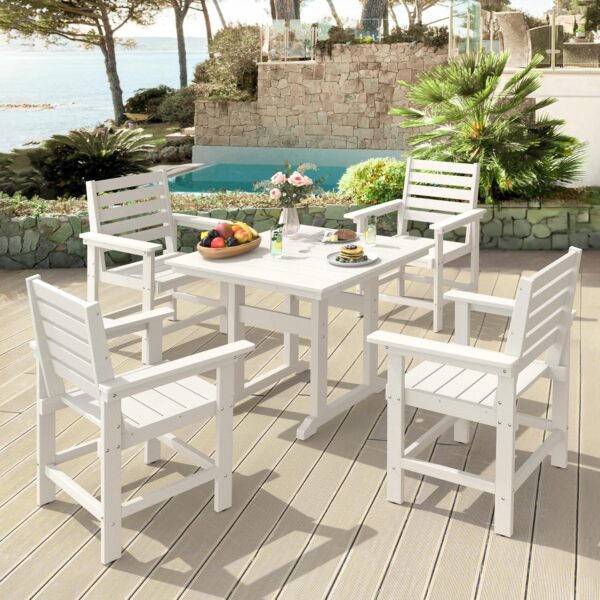 Patio Table and Chairs Set 5 Pieces, HDPE Weather Resistant Outdoor Dining Set, Square Outdoor Dining Table with 4 Patio Chairs, Patio Dining Set for Balcony, White
