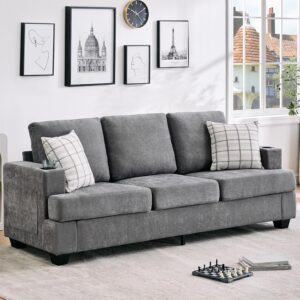 89-Inch Comfy Couches with Deep Seat, Modern 3-Seater Sofa with Cup Holders and Side Storage Pockets for Living Room Apartment Lounge, Grey