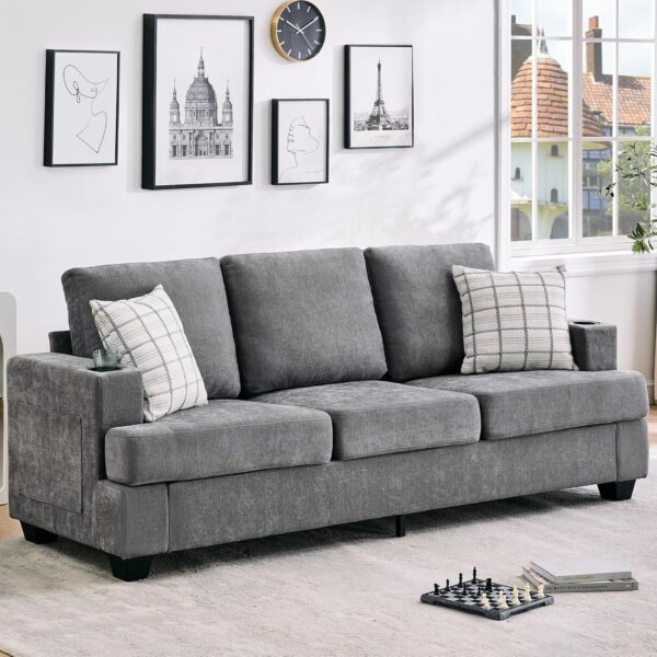 89-Inch Comfy Couches with Deep Seat, Modern 3-Seater Sofa with Cup Holders and Side Storage Pockets for Living Room Apartment Lounge, Grey