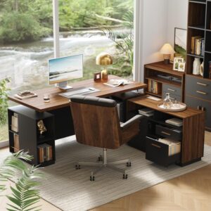 70" Standing Desk with 2 File Cabinet, AC/USB, 1.18" Desktop, L Shaped Height Adjustable Desk, Electric Furniture Set with Multiple Functions for Home and Office, Black Walnut
