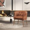 Yaheetech Modern Accent Chair, PU Leather Retro Armchair, Upholstered Barrel Chair with Metal Leg and Comfy Seat Cushion for Living Room Bedroom, Retro Brown