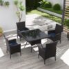 Kurapika 5-Piece Patio Furniture Outdoor Dining Set, Wicker Rattan Patio Dining Table and Chairs Set, Square Tempered Glass Tabletop with 4 Chair Set and Umbrella Hole, for Patio, Backyard, Navy Blue