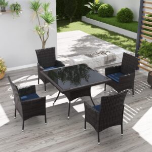 Kurapika 5-Piece Patio Furniture Outdoor Dining Set, Wicker Rattan Patio Dining Table and Chairs Set, Square Tempered Glass Tabletop with 4 Chair Set and Umbrella Hole, for Patio, Backyard, Navy Blue