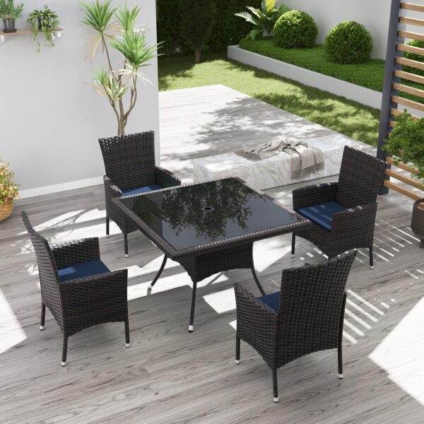 Kurapika 5-Piece Patio Furniture Outdoor Dining Set, Wicker Rattan Patio Dining Table and Chairs Set, Square Tempered Glass Tabletop with 4 Chair Set and Umbrella Hole, for Patio, Backyard, Navy Blue