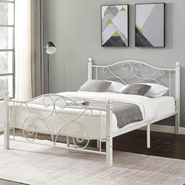 VECELO Queen Size Bed Frame with Headboard and Footboard, Heavy Duty Metal Slat Support, Platform Mattress Foundation, No Box Spring Needed, Easy Assembly, White