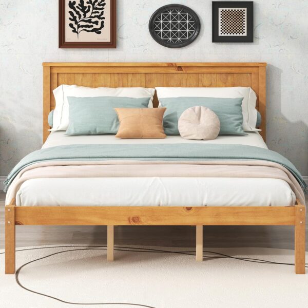 P PURLOVE Queen Size Bed Frame,Solid Wood Platform Bed with Headboard,No Box Spring Needed,Oak