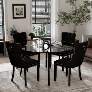 Modern Black Luxury Round Glass Dining Set for 4, 5 Pcs Large Minimalist Circle Kitchen Table Set, 47'' Clear Circular Glass Top Dinner Room Set, Black High-end Tufted Chairs, for Home