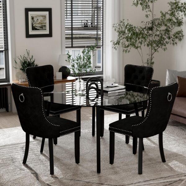 Modern Black Luxury Round Glass Dining Set for 4, 5 Pcs Large Minimalist Circle Kitchen Table Set, 47'' Clear Circular Glass Top Dinner Room Set, Black High-end Tufted Chairs, for Home