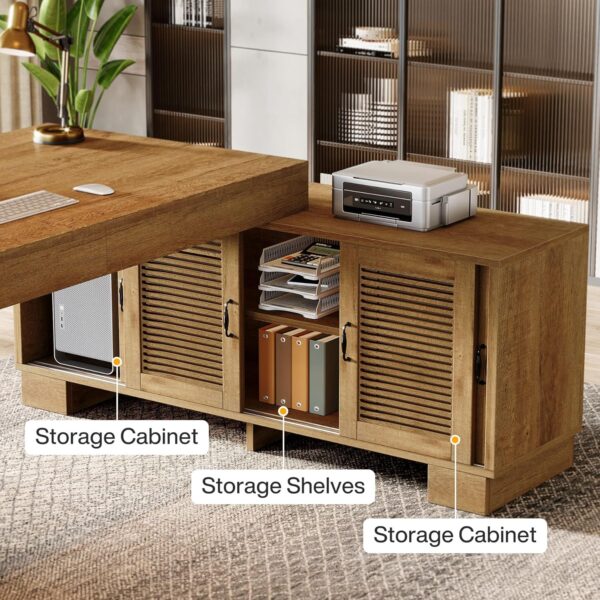 Tribesigns L Shaped Executive Desk with Storage Cabinets and 2-Tier Shelf, 63-Inch Simple Modern Business Furniture Large Computer Writing Table Workstation for Home Office, Brown