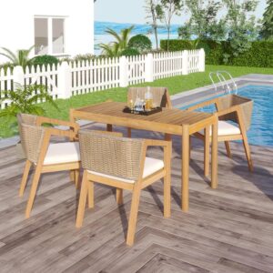 Merax Acacia Wood Outdoor Dining Set for 5, All Weather Patio Table and 4 Chairs with Rattan Wicker for Garden, Backyard, Poolside, Balcony, Light Teak
