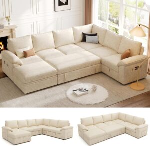 108 Inch Sectional Sleeper Sofa with Pull Out Bed, U Shaped 7 Seat Modular Sectional Sofa with Storage, Sectional Couches for Living Room, Cloud Modular Couch, Removable Sofa Cover, Beige