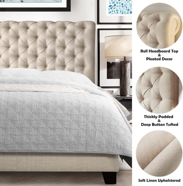 Rosevera Gideon Bed Frame/Fabric Upholstered Bed Frame with Adjustable Headboard/Chesterfield-Styled/Wood Slat Support/Easy Assembly,Queen,Beige