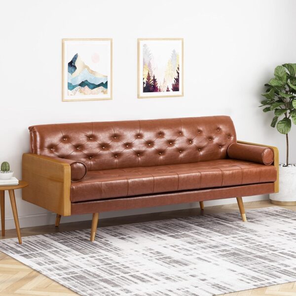 KEIKI 72" Sofa Couch with Wood Frame,Button-Tufted Fabric,Iconic Splayed Legs,Mid Century Modern Design